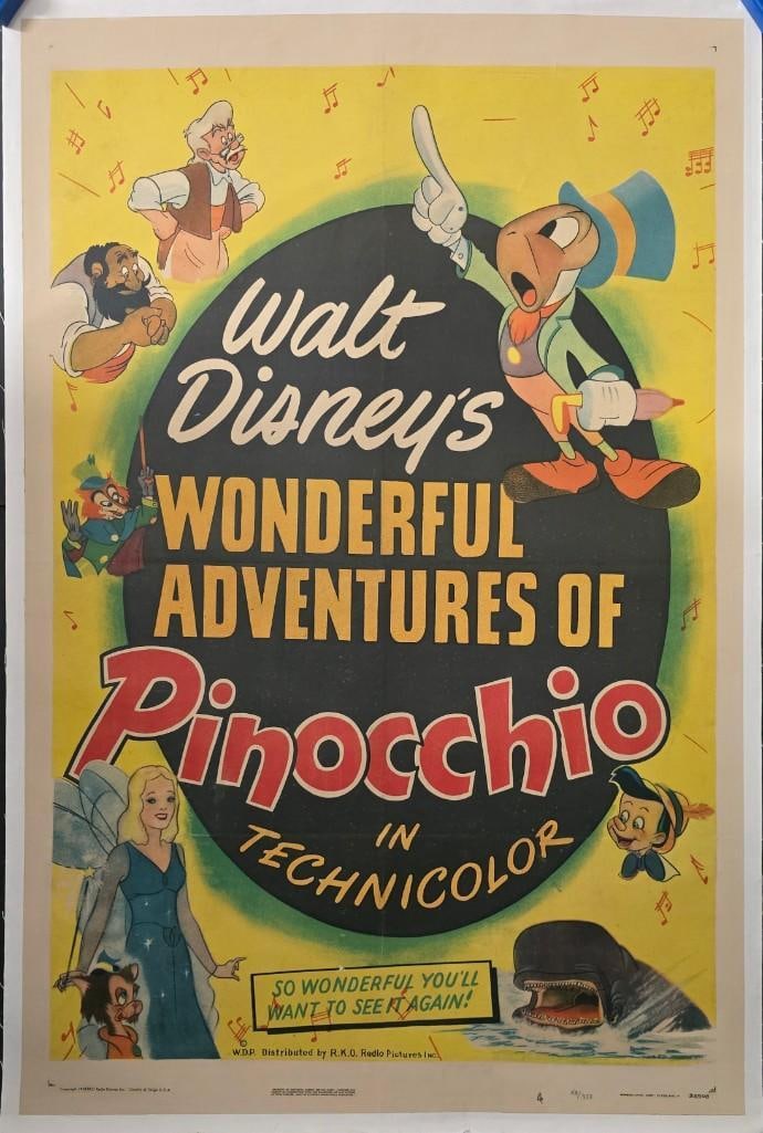 Pinocchio - RR43 Linen Backed One Sheet: Quantity: 1 Year: 1943 Condition: B+ Country: U.S.A Studio: Rko/Disney Size: 27x41 Genre: Animation Stars: Pinocchio, Jiminy Cricket, Gipetto