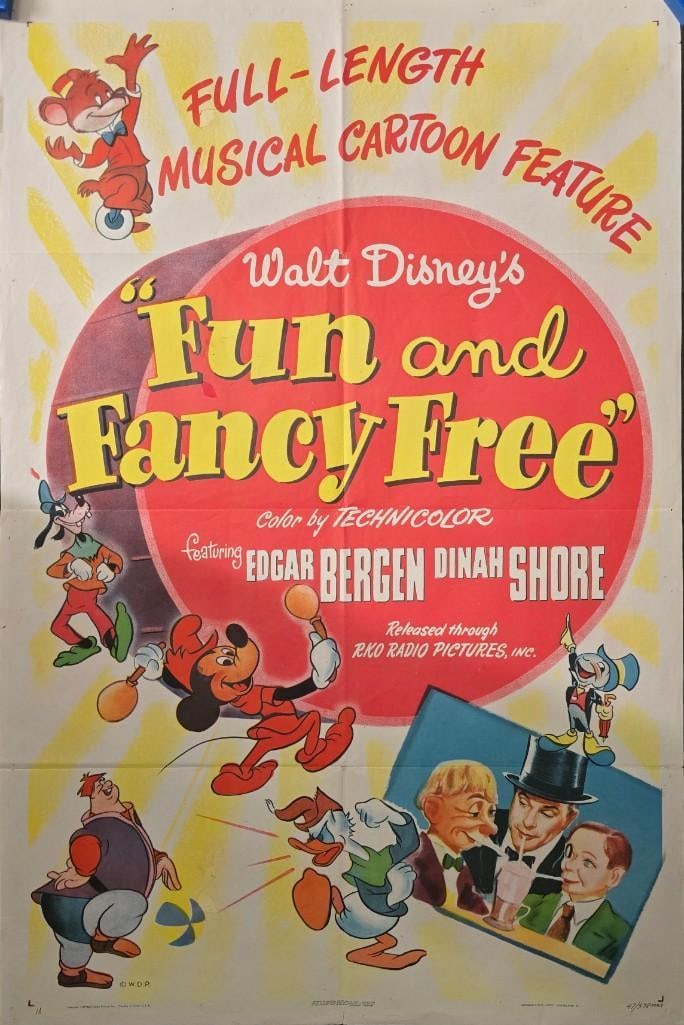 Fun and Fancy Free - Folded One Sheet: Quantity: 1 Year: 1947 Condition: B+ Country: U.S.A Studio: RKO/Disney Size: 27x41 Genre: Animation Stars: Mickey Mouse, Goofy, Edgar Bergen, Dinah Shore