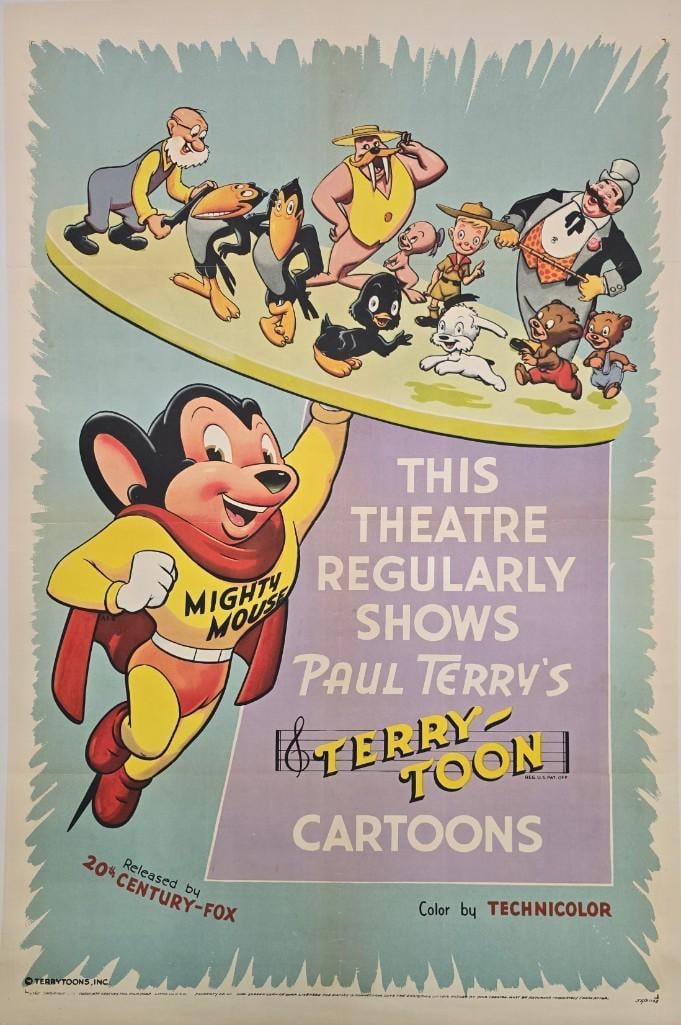 Mighty Mouse - Linen Backed One Sheet: Quantity: 1 Year: 1955 Condition: B+ Country: U.S.A Studio: 20th Century Fox / Terry Toons Size: 27x41 Genre: Animation Stars: Mighty Mouse, Heckle and Jeckle