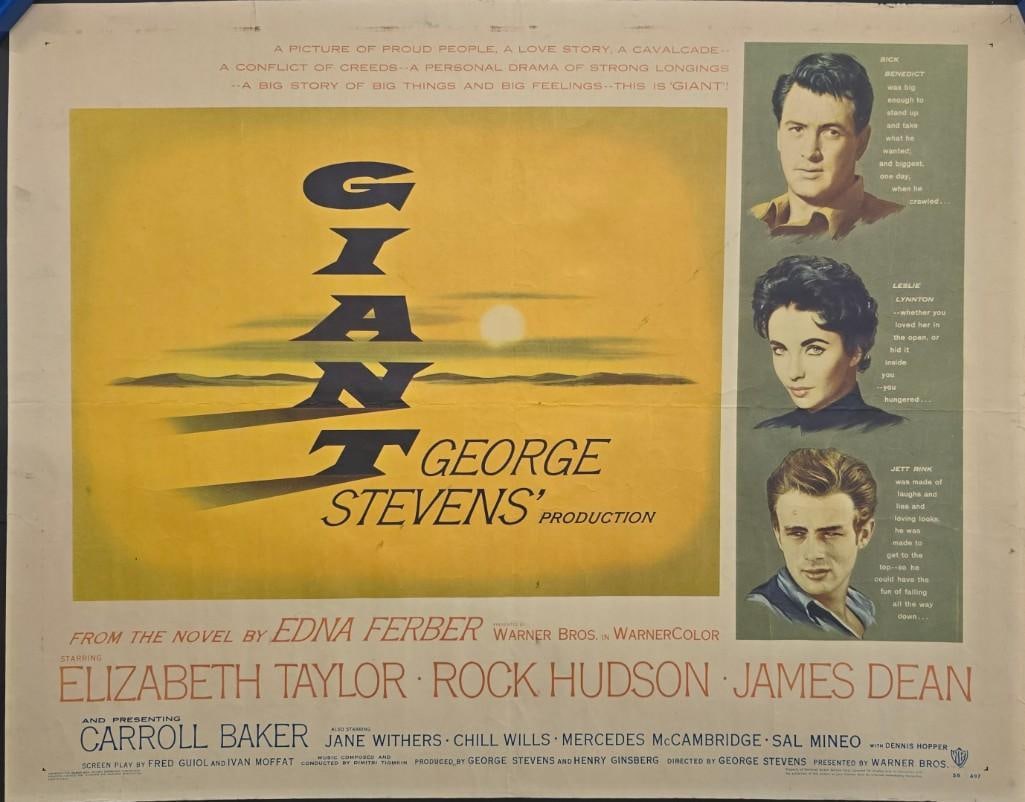 Giant - Folded Half Sheet: Quantity: 1 Year: 1956 Condition: B+ Country: U.S.A Studio: Warner Brothers Size: 22x28 Genre: Western Stars: James Dean, Elizabeth Taylor, Rock Hudson