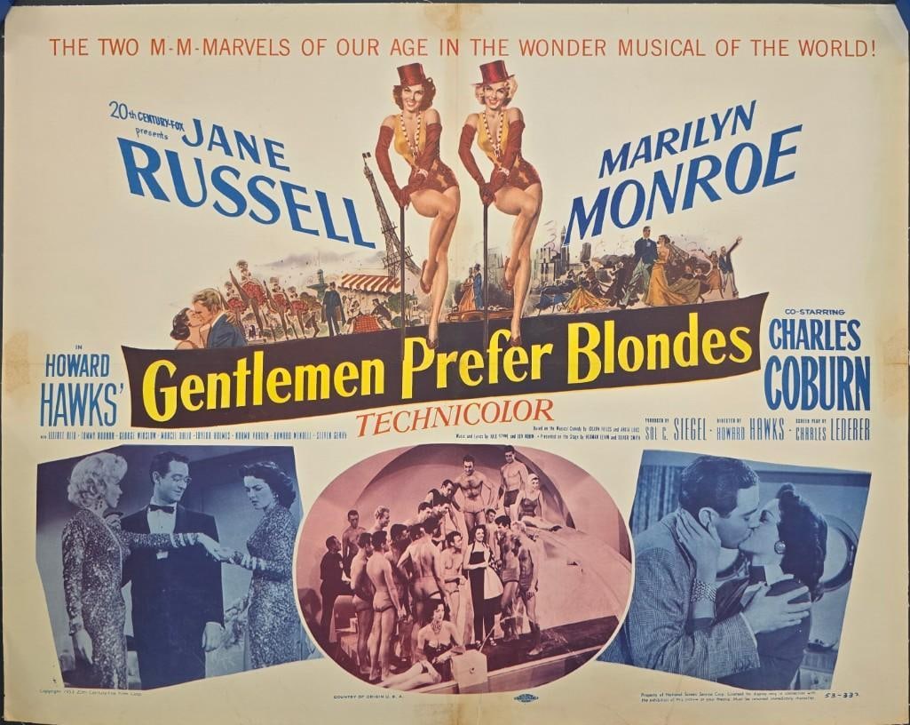 Gentleman Prefer Blondes - Linen Backed Half Sheet: Quantity: 1 Year: 1953 Condition: B+ Country: U.S.A Studio: 20th Century Fox Size: 22x28 Genre: Musical Stars: Marilyn Monroe, Jane Russell