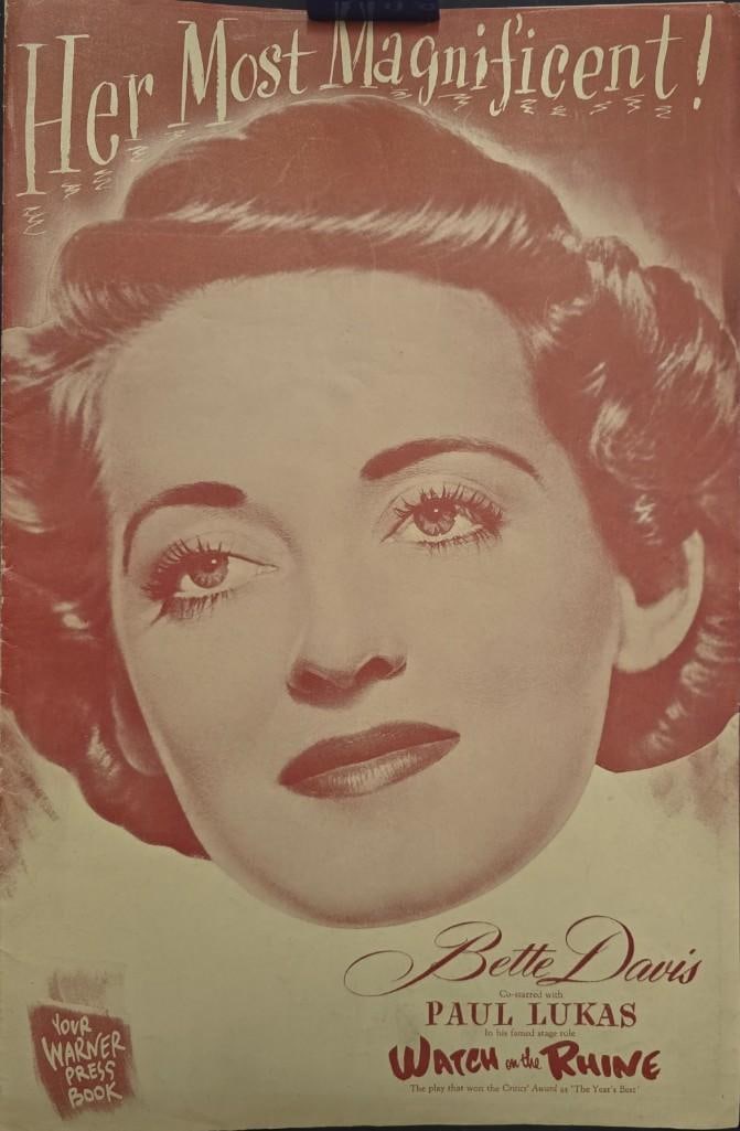 Watch on the Rhine - Pressbook: Quantity: 1 Year: 1943 Condition: B+ Country: U.S.A Studio: Warner Brothers Size: 11x17 Genre: War Stars: Bette Davis, Paul Lukas