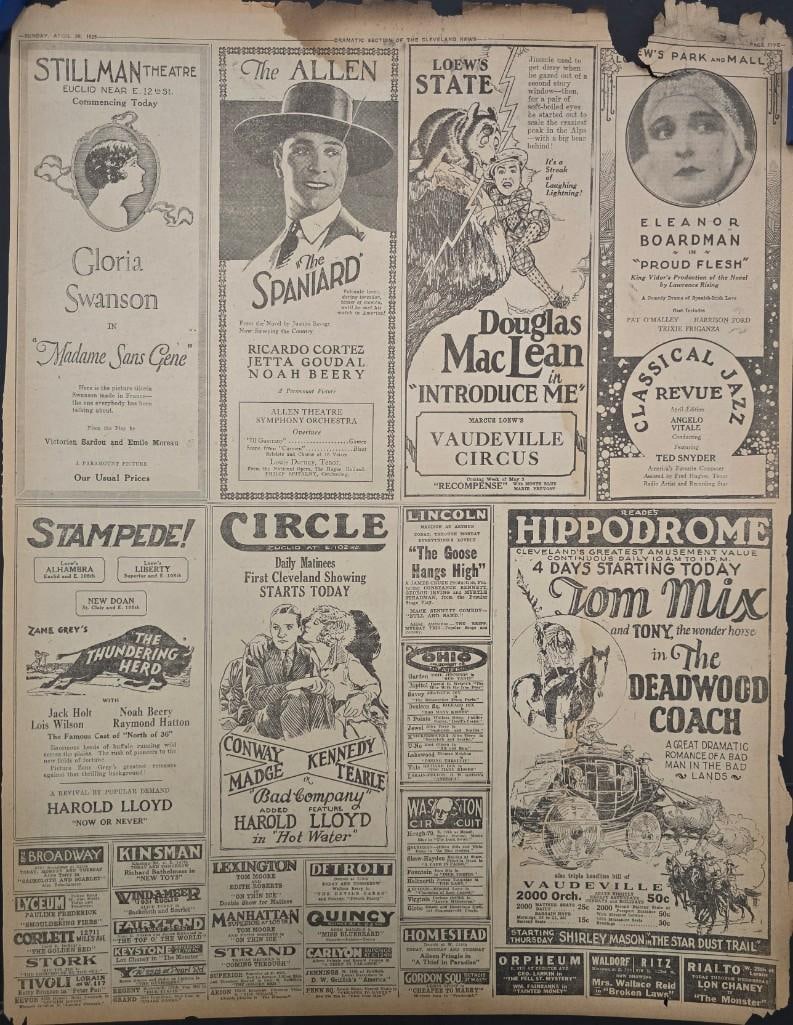 Silent - 2 Sided April 1925 Cleveland News Page: Quantity: 1 Year: 1925 Condition: B+ Country: U.S.A Size: 17x22 Genre: Newspaper Stars: Harlod Lloyd, Tom Mix, Ricardo Cortez, Gloria Swanson