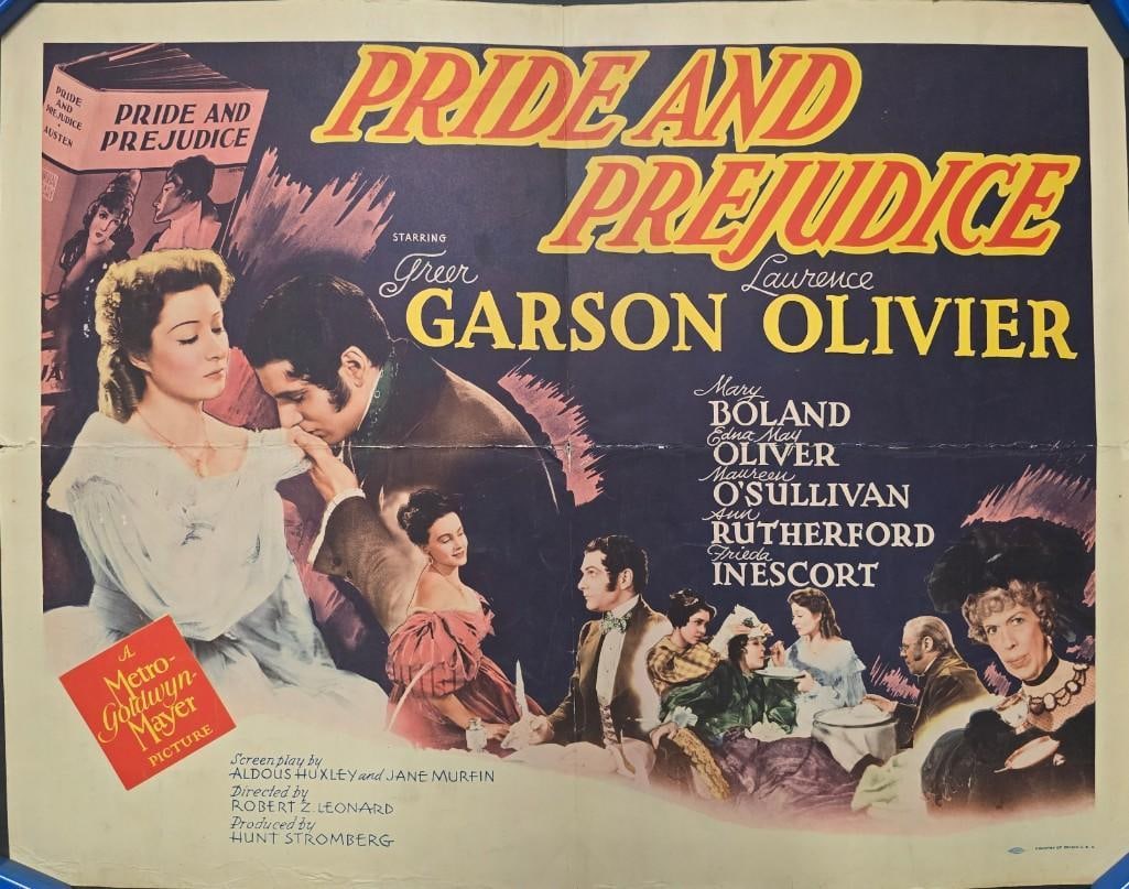 Pride and Prejudice - 1940 Folded Half Sheet: Quantity: 1 Year: 1940 Condition: Very Good to Good Country: U.S.A Size: 22x28 Genre: Period Drama Stars: Greer Garson, Laurence Olivier, Mary Boland