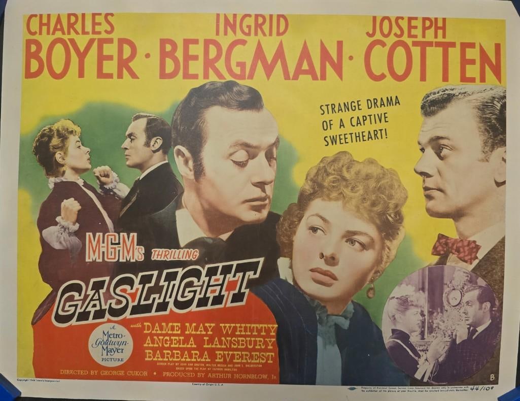 Gaslight - 1944 Folded Half Sheet: Quantity: 1 Year: 1944 Condition: Very Good Country: U.S.A Size: 22x28 Genre: Period Drama Stars: Charles Boyer, Ingrid Bergman, Joseph Cotten