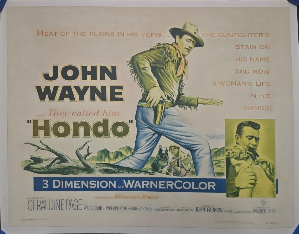 Hondo - 1953 Linen Backed 3D Style Half Sheet: Quantity: 1 Year: 1953 Condition: Very Good Linen Backed Country: U.S.A Size: 22x28 Genre: Western Stars: John Wayne, Geraldine Page, Ward Bond