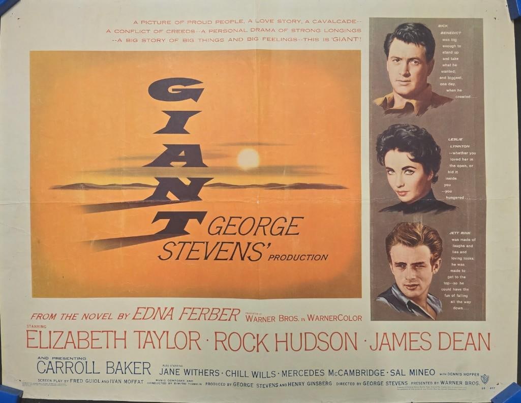 Giant - 1956 Folded Half Sheet: Quantity: 1 Year:1956 Condition: Very Good to Good Country: U.S.A Size: 22x28 Genre: Drama Stars: Elizabeth Taylor, Rock Hudson, James Dean