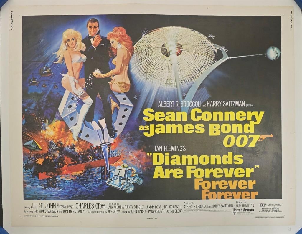 Diamonds Are Forever - 1971 Linen Backed Half Sheet: Quantity: 1 Year: 1971 Condition: Very Good Linen Backed Country: U.S.A Size: 22x28 Genre: James Bond / Spy Stars: Sean Connery, Jill St. John, Charles Gray