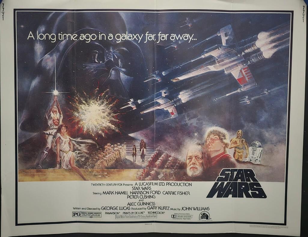 Star Wars - 1977 Tri-Folded Half Sheet: Quantity: 1 Year: 1977 Condition: Good - Very Good Country: U.S.A Size: 22x28 Genre: Sci-Fi Stars: Mark Hamill, Harrison Ford, Carrie Fisher