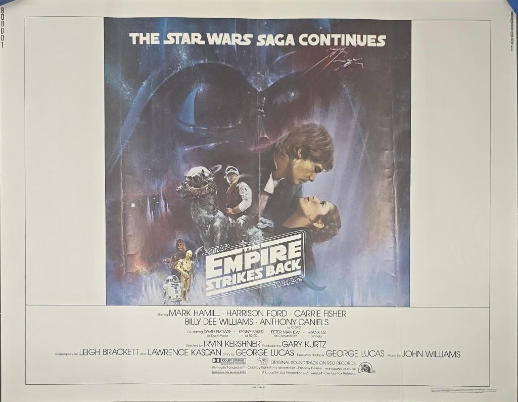 Empire Strikes Back - 1980 Tri-Folded Half Sheet: Quantity: 1 Year: 1980 Condition: Good - Very Good Country: U.S.A Size: 22x28 Genre: Sci-Fi Stars: Mark Hamill, Harrison Ford, Carrie Fisher