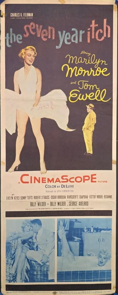 The Seven Year Itch - 1955 Folded Insert: Quantity: 1 Year: 1955 Condition:Fine to Good Paper Loss to Left, Tape, Light Bleed through from writing on the back Country: U.S.A Size: 14x36 Genre: Romantic Comedy Stars: Marilyn Monroe, Tom