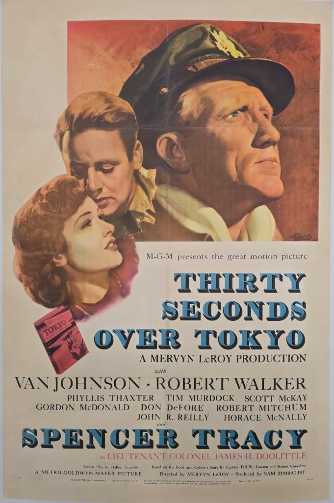 Thirty Seconds Over Tokyo - 1944 Linen Backed One Sheet: Quantity: 1 Year: 1944 Condition: Good / Very Good Country: U.S.A Size: 27x41 Genre: War / Drama Stars: Spencer Tracy, Van Johnson, Robert Walker