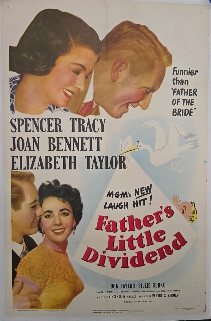 Fathers Little Dividend - 1951 Linen Backed One Sheet: Quantity: 1 Year: 1951 Condition: Very Good / Excellent Country: U.S.A Size: 27x41 Genre: Comedy Stars: Spencer Tracy, Joan Bennett, Elizabeth Taylor