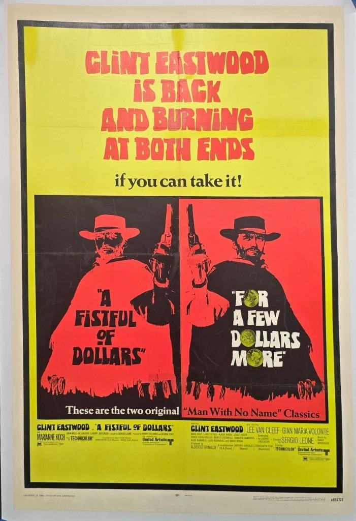 A Fistful of Dollars & A Few Dollars More - 1969 Linen Backed One Sheet: Quantity: 1 Year:1969 Condition: Good - Very Good Country: U.S.A Size: 27x41 Genre: Western Stars: Clint Eastwood, Lee Van Cleef, Gian Maria Volonte