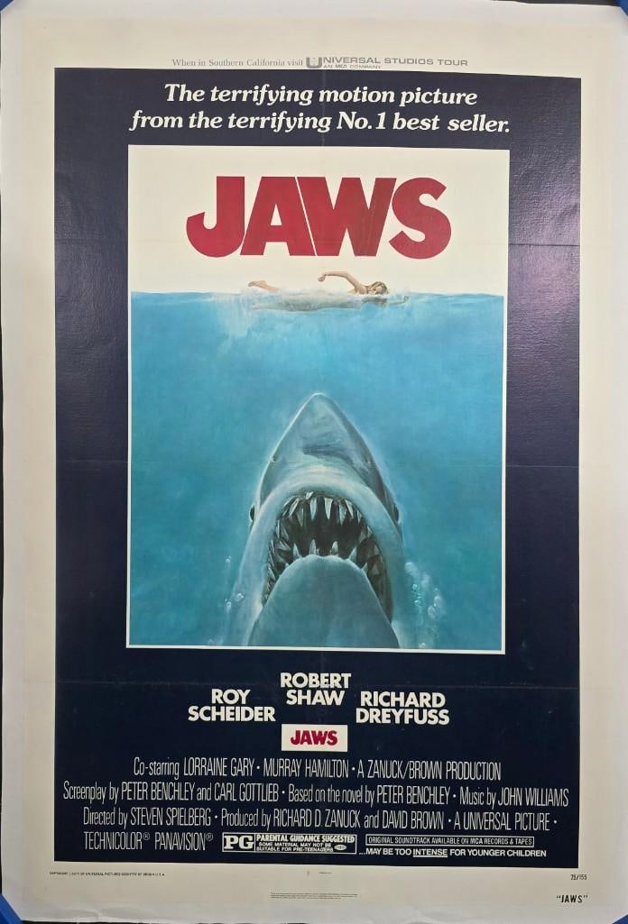 Jaws - 1975 Linen Backed One Sheet: Quantity: 1 Year: 1975 Condition: Very Good Linen Backed Country: U.S.A Size: 27x41 Genre: Monster Horror Stars: Roy Scheider, Robert Shaw, Richard Dreyfuss