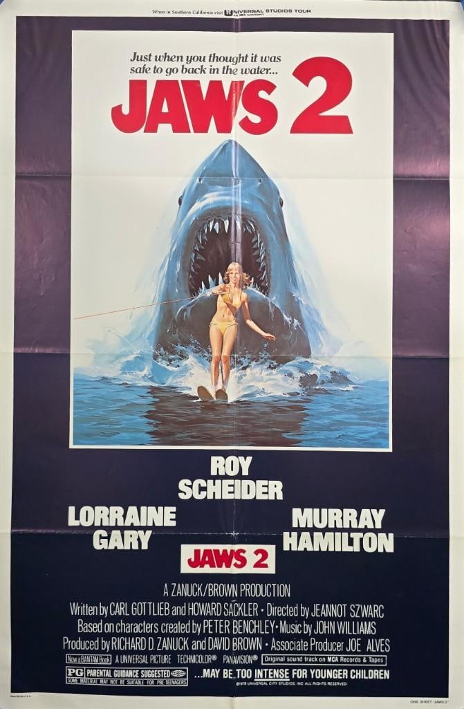 Jaws 2 - 1978 Full Folded, Stored Flat One Sheet: Quantity: 1 Year: 1978 Condition: Very Good Folded Country: U.S.A Size: 27x41 Genre: Monster Horror Stars: Roy Scheider, Lorraine Gary, Murray Hamilton