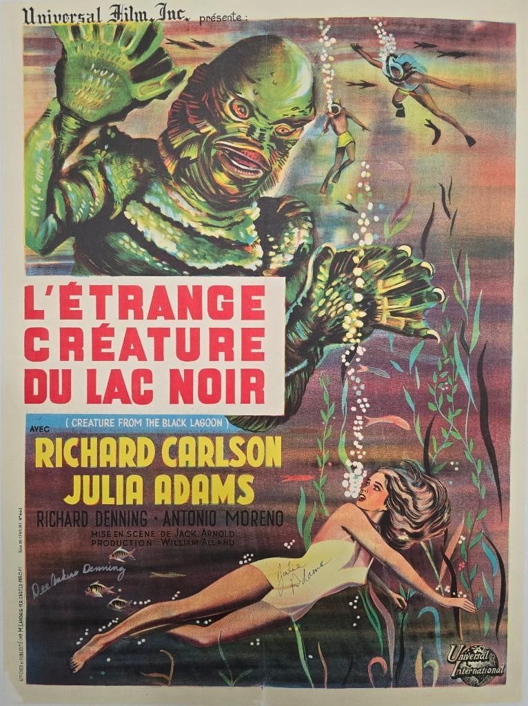 Creature From the Black Lagoon - French RR62 - Signed by Julie Adams and Dee Ankers Denning: Quantity: 1 Year: 1962 Condition: Very Good Linen Backed - Signed Country: U.S.A Size: 23x31 Genre: Horror Stars: Richard Carlson, Julie Adams, Richard Denning