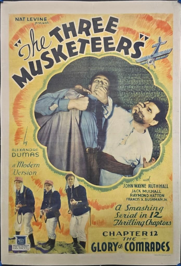 The Three Musketeers, 1933 Linen Backed One Sheet: Quantity: 1Year: 1933Condition: Good to Very GoodCountry: U.S.A.Size: 27 x 41Genre: Action / AdventureStars: John Wayne, Jack Mulhall, Raymond Hatton, Francis X Bushman Jr.