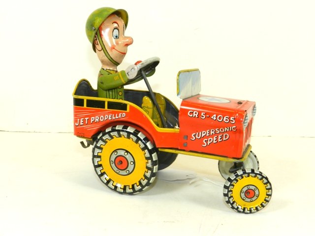 Unique Art GI Joe and Jouncing Jeep: Tin wind-up in working near mint condition