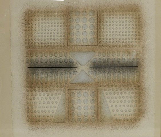 Signed Paul Maxwell Litho (American b.1925): Embossed lithograph, patterned in brown and grey, 121/150, pencil signed and numbered, framed. 23 x 23 inches