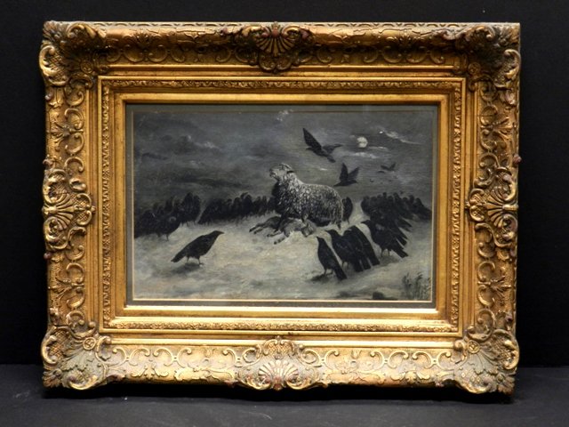 American School Oil on Board: Depicting a young sheep standing upon the deceased lamb with crows surrounding. Some crazing to oil as shown. Unsigned. Approx 12" x 8" image size and contained in gold gilt 18" x 14" frame with some 