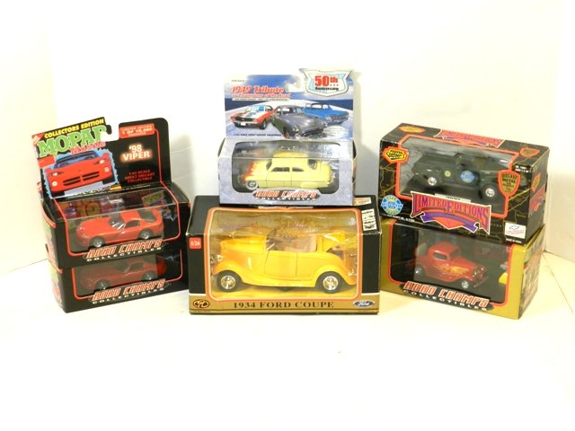 6- LIMITED EDITION ROAD CHAMP DIECAST CARS: LOT OF 6 LIMITED EDITION ROAD CHAMPS DIECAST CARS. 2- 98 VIPERS, 49 MERCURY, FORD COUPE, 53 CHEVY PICKUP, AND 34 FORD COUPE. ALL MINT IN BOX