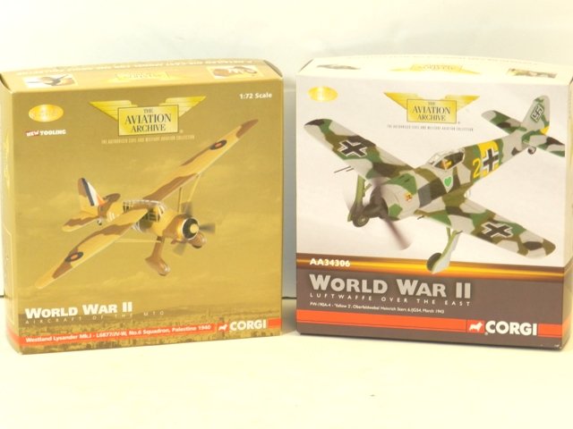 2- CORGI LIMITED EDITION DIECAST AIRPLANES: 2-CORGI LIMITED EDITION AVIATION ARCHIVE WORLD WAR II DIECATS AIRPLANES. WESTLAND LYSANDER MK.1 AIRPLANE AND FW-190A4- YELLOW 2 AIRPLANE. MINT IN BOX