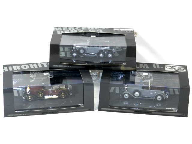 3- MINICHAMPS POLITICAL LEADER SERIES DIECAST: 3- MINICHAMPS POLITICAL LEADERS SERIES DIECAST VEHICLES. 2- MERCEDES 77K CABRIIOLET WILHELM II AND MERCEDES G4 FRANCISCO FRANCO. MINT IN BOX