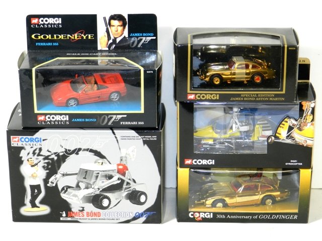 5- CORGI JAMES BOND DIECAST VEHICLES: 5- CORGI JAMES BOND DIECAST VEHICLES. 30TH ANNIVERSARY GOLDMEMBER AUSTIN MARTIN, GOLDEN EYE FERRARI, SPECIAL EDITION AUSTIN MARTIN, YOU ONLY LIVE TWICE GYROCOPTER, JAMED BOND MOON BUGGY. MINT IN BOX