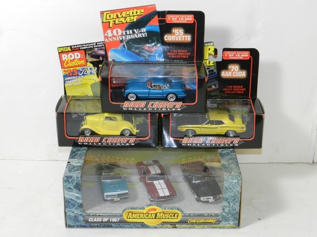 ERTL AND ROAD CHAMPS DIECAST CARS: ERTL CLASS OF 1967 MUSCLE CAR SET AND 3- ROAD CHAMPS 55 CORVETTE, 32 FORD, 70 AAR CUDA. MINT IN BOX