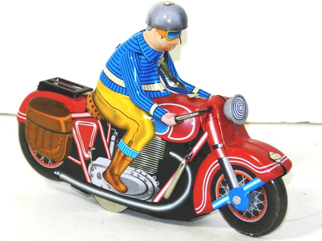 TIN WINDUP HARLEY DAVIDSON WITH RIDER: TIN WINDUP HARLEY DAVIDSON MOTORCYCLE WITH RIDER. EXCELLENT