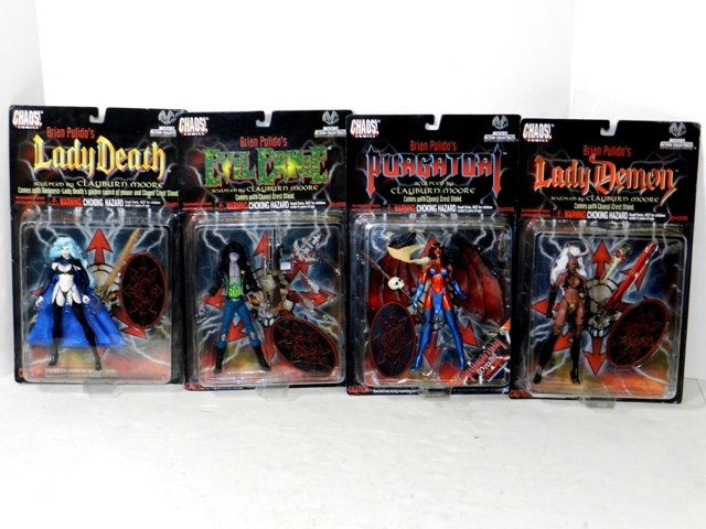 4- MOORE CHAOS COMICS BRIAN PULIDOS FIGURES: 4- MOORE CHAOS COMICS BRIAN PULIDOS FIGURES 1997.EVIL ERNIE, LADY DEATH, PURGATORI, LADY DEMON. ALL MINT CARDED