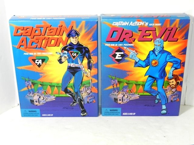 2- PLAYING MANTIS CAPTAIN ACTION FIGURES: 2- PLAYING MANTIS CAPTAIN ACTION FIGURES 1998. DR EVIL AND CAPTAIN ACTION. BOTH MINT BOXED