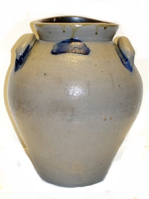 Ovoid Form Blue Decorated Storage Jar Crock: Dated 1887 with eligible stamped makers name. " Appears to be I. Beannge '' Having blue brush marks under handles and over makers stamp. Condition good with 1 1/4'' chip on top of rim and mild crazing