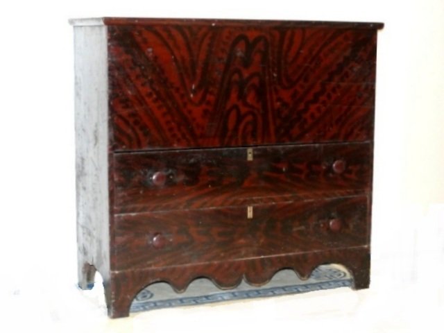 Grain Painted Blanket Chest With Two Drawers: Mid 19th Grain Painted Federal Two Drawer Scalloped Skirt Blanket Chest With High French Feet. Condition overall good with normal scratches and scuff marks appropriate for age. original grain painted 