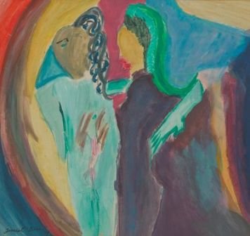 Forrest Bess (American, 1911-1977): Baitman's Ball". Gouache on mat board, signed and dated '74 in the lower left corner, matted and framed under glass overall 23-1/2 x 23-3/4 in. Bess is classified as a "visionary artist". His early li