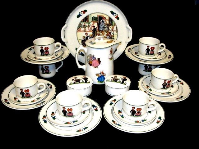 Villeory & Boch Luncheon Set Design 1748: John T. (Jack) Jones MSIA (1898-1958) Double figural group made by Crown Staffordshire, England, modeled by J.T. Jones, Having various scenes of Dutch children. Includes large serving tray, six regula