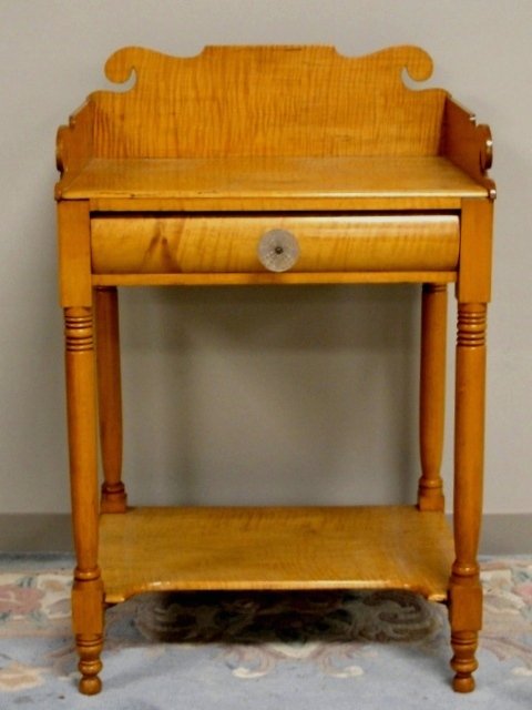 Tiger Maple And Cherry Stand With Gallery: Mid 19th. C.one drawer Tiger Maple stand with tiger Maple back and sides shaped gallery on cherry legs and sandwich glass knob. 34'' 22'' 16''