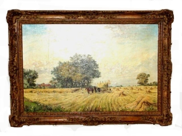 Oil Painting J.A.H. Ferry Harvesting The Hay: Farm scene of family harvesting a field of hay. Condition good, no repairs, chips in gesso frame. Canvas 24'' x 37'' frame 30'' x 42''