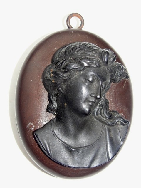 Victorian Vulcanite Or Bog Wood Cameo Locket: Having a carved rose / flower on lid. Fossilized wood, blackened and hardened in the depths of an Irish peat bog. The material has an amazing feel, smooth and dense, uniquely lightweight, warm to the 