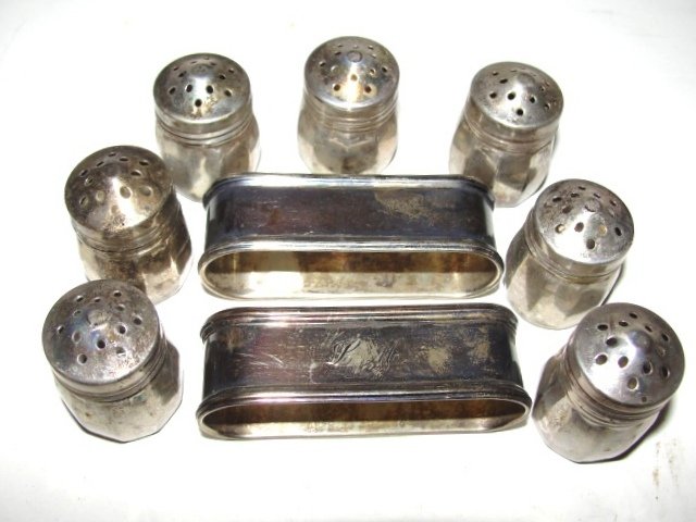 Lot Of Sterling Salt & Peppers With Napkin Rings: Lot include's 3 sets with boxes and one single salt & peppers with pair of monogramed napkin holders. Condition good need polished.