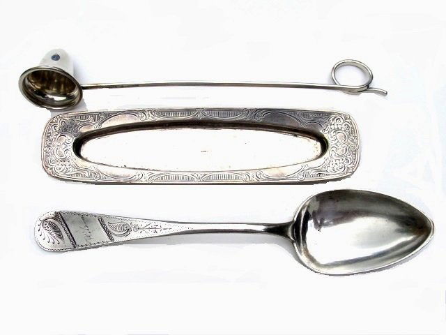 Sterling Group Candle Snuffer, Pin Tray And Fork: Pin tray having small dent in center, 7'' L. 1 1/4'' W. Candle snuffer 8''L. Condition very good. Spoon with engraved top name mono. Wilson, 8 1/4'' L.