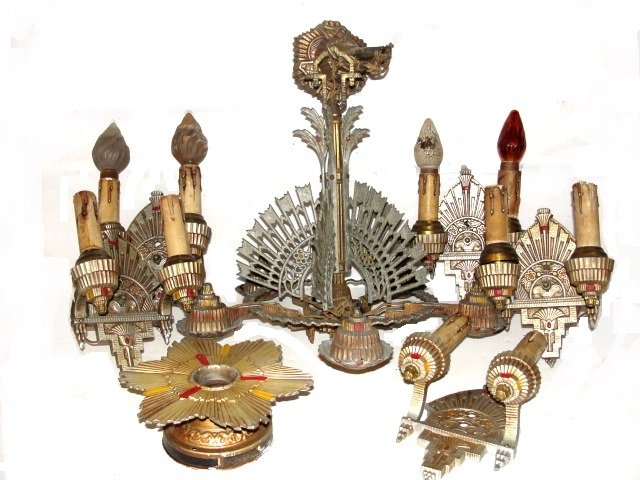 Modernistic Series 1920 Art Deco Light Fixtures: Very hard to find and one of the Favorite Art Deco light fixtures. It makes a wonderful display. Made in the USA by the Diamond "F" Mfg Co., their Modernistic Series, 1920's, it is fragile looking wit