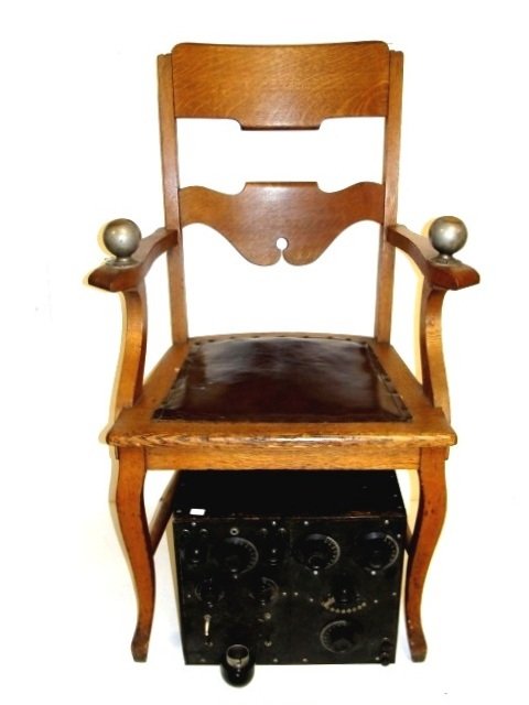 Oak Doctors Examining Electric / Shock Chair: Having brass grip balls on each arm, one part of medical electric mechanism. Condition chair very good, electric box untested.