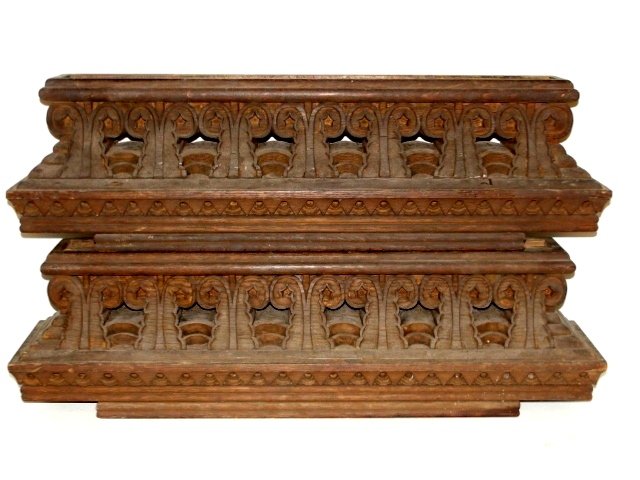 Architectural Victorian Carved Wood Elements: Having tiered stepped top and bottom with repeated carving detail around all sides, with recessed tops. Either walnut or oak wood. Condition very good Es. onlyt 14'' long 6'' high.