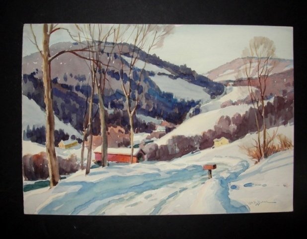 Leo B. Blake Watercolor (American, 1887-1976): Winter scene of covered bridge in Vermont hillsides. 10'' x 14''. After studying at the Chicago Art Institute, Leo Blake began his career in illustration and commercial art in the mid-west. In 1933 Bl