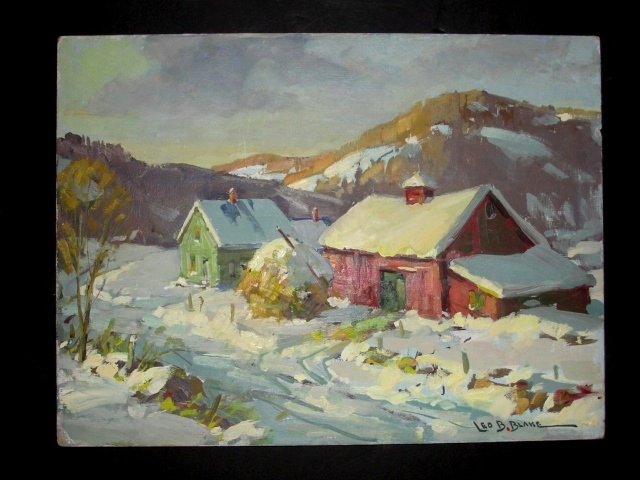 Leo B. Blake Oil Painting (American, 1887-1976): c. 1950; oil on canvas board signed lower right. Farm house and barn in Vermont country side. Condition overall good. 9'' x 12''.small dent on right edge minimal paint loss on edge. 9'' x 12''