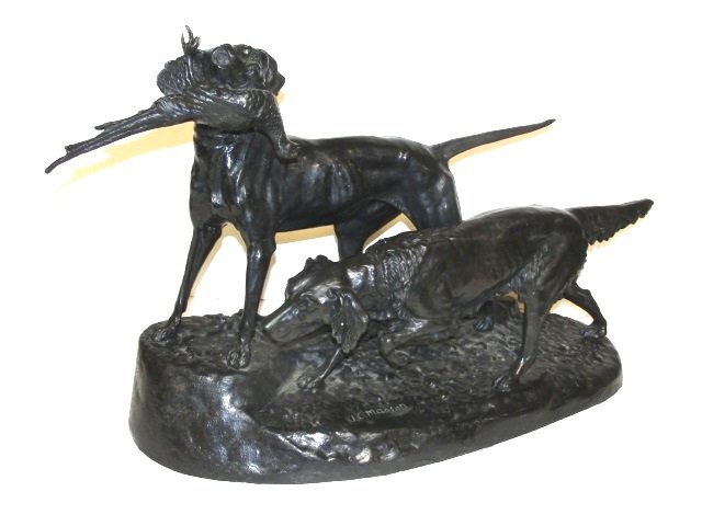J.C. Masson Bronze Hunting Dogs With Bird: Signed J.C Masson on base. Two hunting dog one with pheasant in mouth. Lacking marble base. Dark patina appearin to have some type of coating added later. H. 18'' W.24'' D. 11''