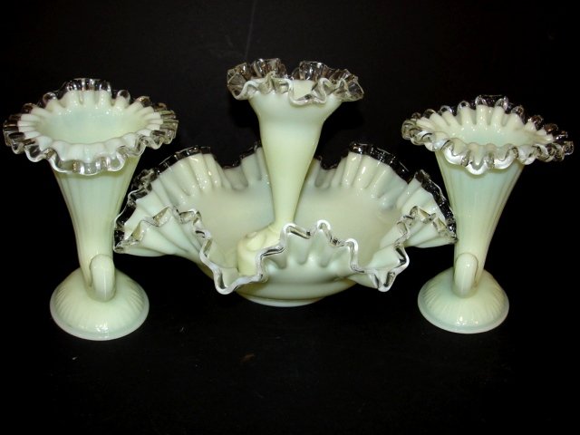 Fenton Glass Epergne With Cornucopia Vases: Condition very good.