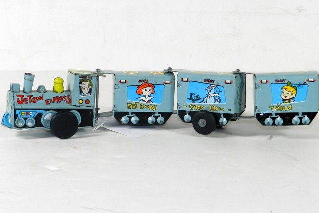 MARX TIN WINDUP JETSON EXPRESS: Very light wear on this four-car train featuring all of the Jetsons characters. Bold graphics, and the windup works great.
